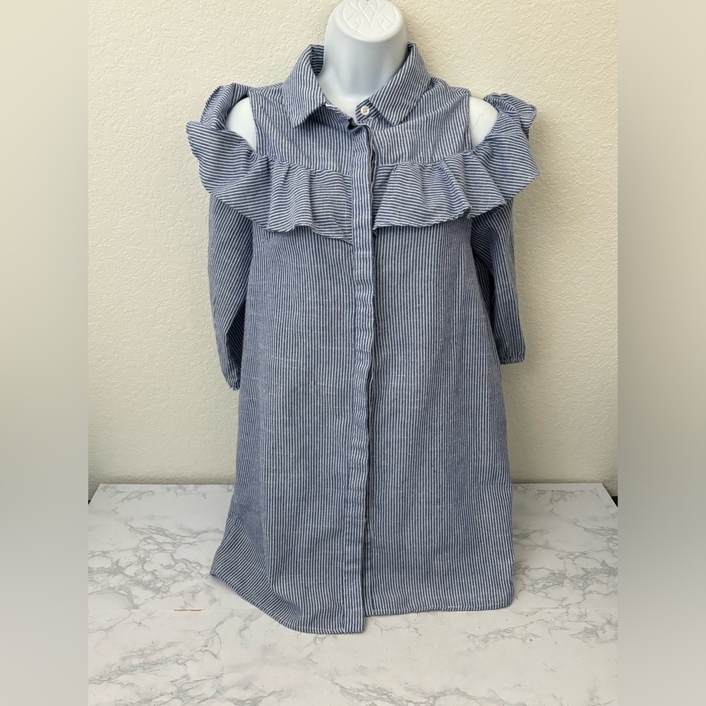 Agaci Cold Shoulder Button Down Top Women’s M Layered Blue Striped Blouse​​
